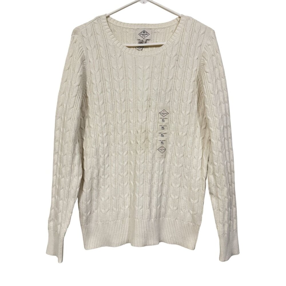 NWT St. John 's Bay Womens Cream Classic Cable Knit Long Sleeve Sweater Size M